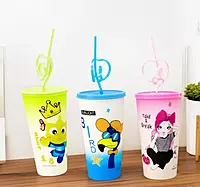 Cartoon Print Glass/Tumbler with BPA Free Lid, Steel Straw