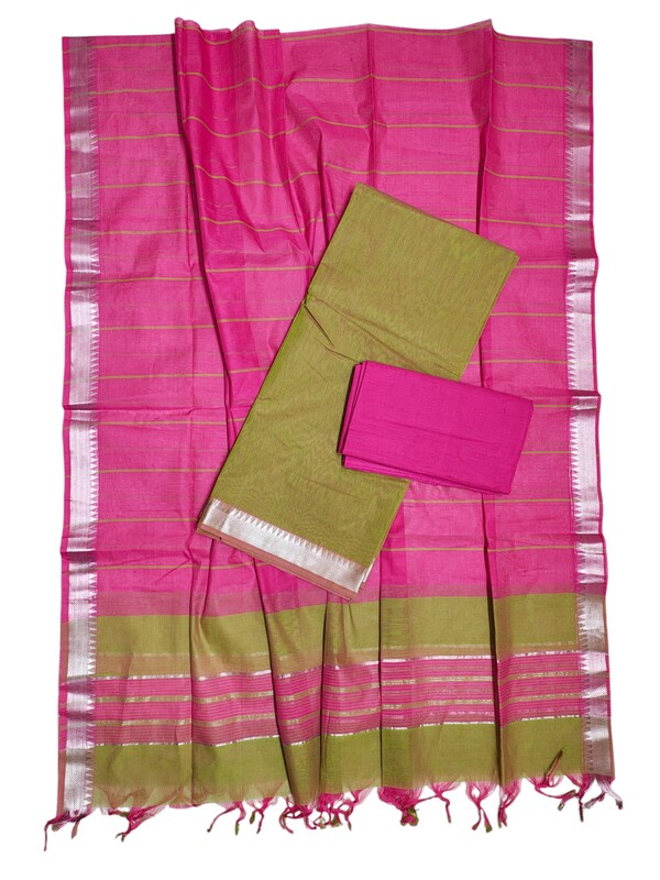Green & Pink Mangalagiri Handloom Cotton Dress Materials for Women