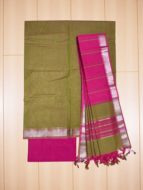 Green & Pink Mangalagiri Handloom Cotton Dress Materials for Women