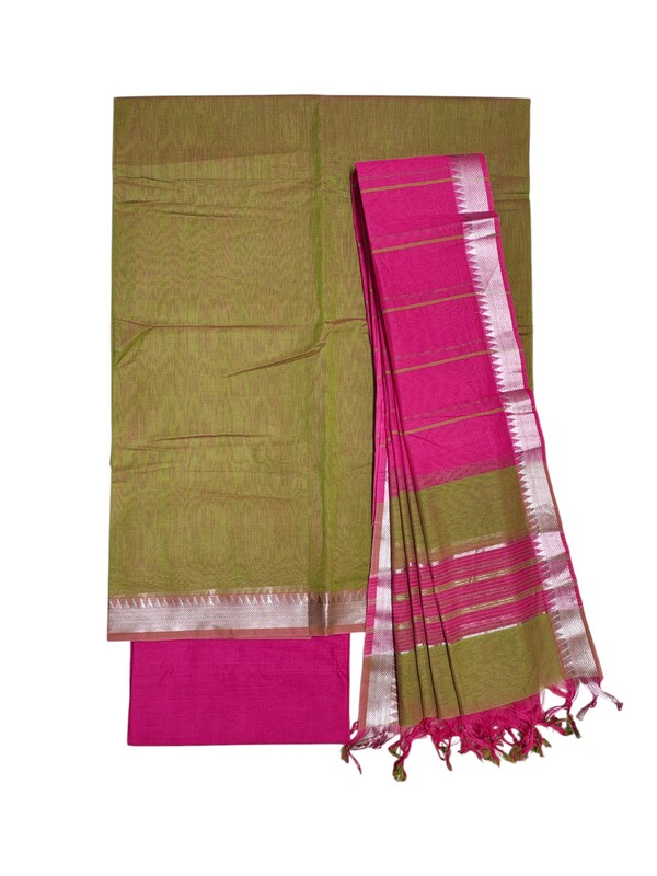 Green & Pink Mangalagiri Handloom Cotton Dress Materials for Women