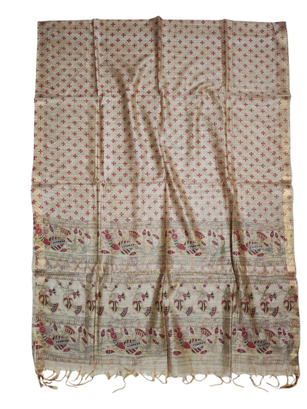 Maroon Madhubani Print Unstitched Silk Salwar Suit with Dupatta