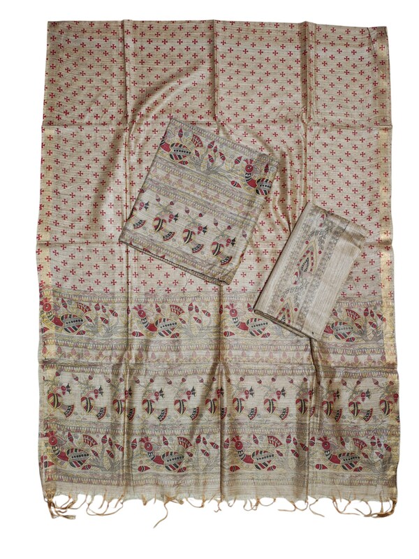 Maroon Madhubani Print Unstitched Silk Salwar Suit with Dupatta