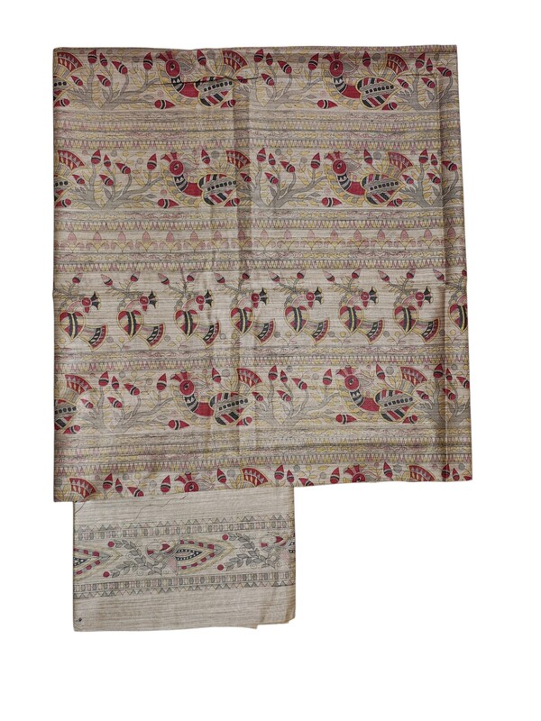 Maroon Madhubani Print Unstitched Silk Salwar Suit with Dupatta