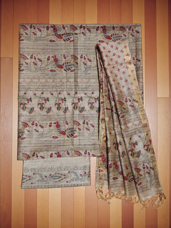 Maroon Madhubani Print Unstitched Silk Salwar Suit with Dupatta