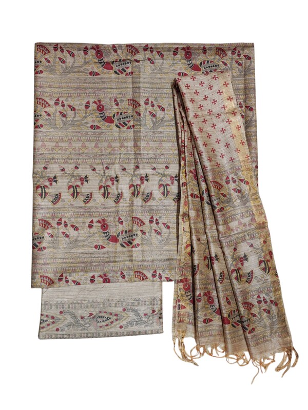Maroon Madhubani Print Unstitched Silk Salwar Suit with Dupatta
