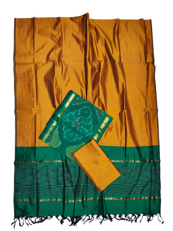 Green & Mustard Pochampally Ikkat Silk Dress Material with Dupatta