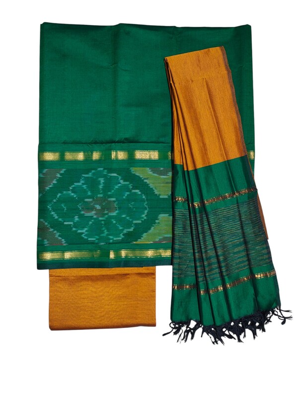 Green & Mustard Pochampally Ikkat Silk Dress Material with Dupatta