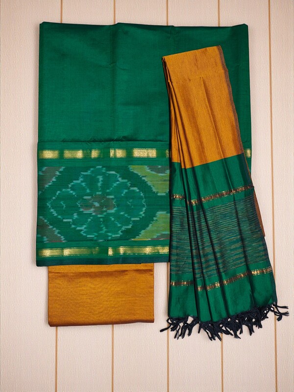 Green & Mustard Pochampally Ikkat Silk Dress Material with Dupatta