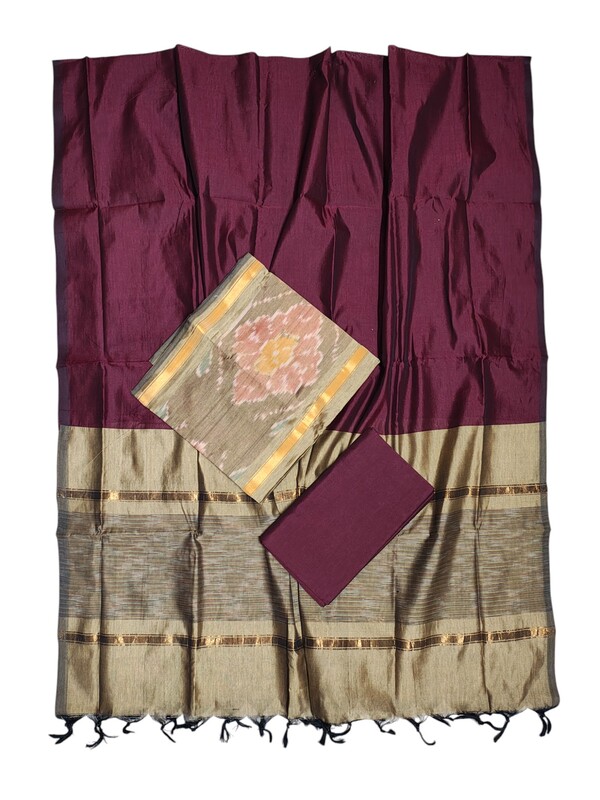 Beige & Maroon  Pochampally Ikkat Silk Dress Material with Dupatta