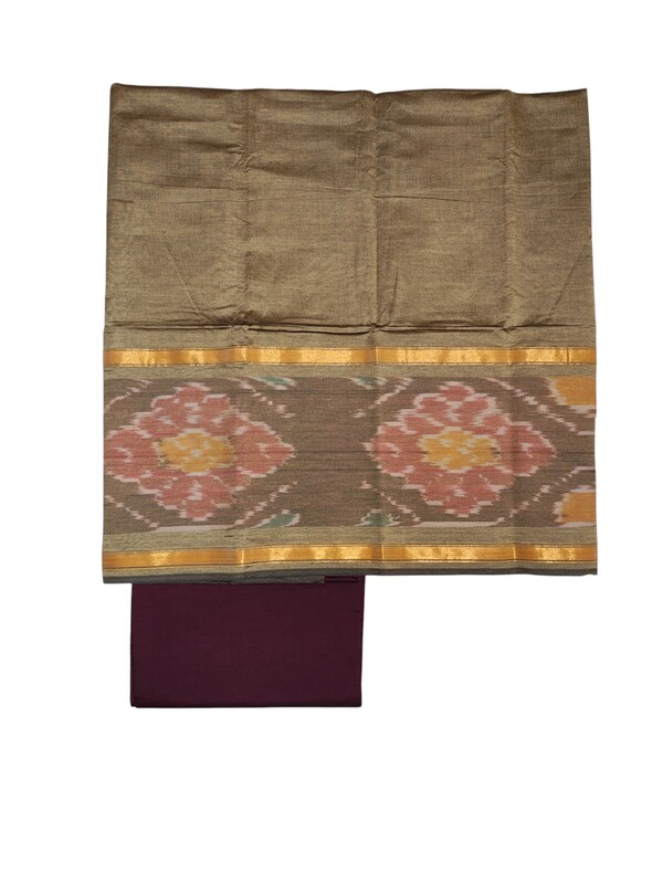 Beige & Maroon  Pochampally Ikkat Silk Dress Material with Dupatta