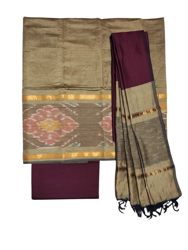 Beige & Maroon  Pochampally Ikkat Silk Dress Material with Dupatta