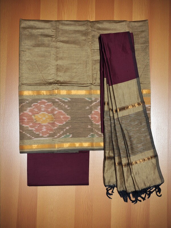 Beige & Maroon Pochampally Ikkat Silk Dress Material with Dupatta
