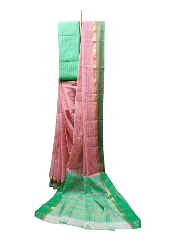 Peach Mangalagiri Handloom Cotton Saree with Blouse Piece