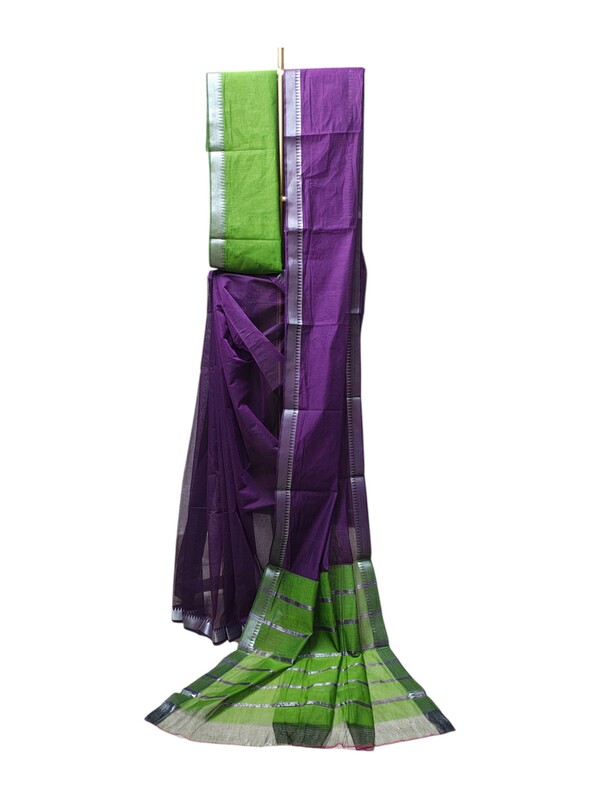 Purple & Green Mangalagiri Handloom Cotton Saree with Blouse Piece