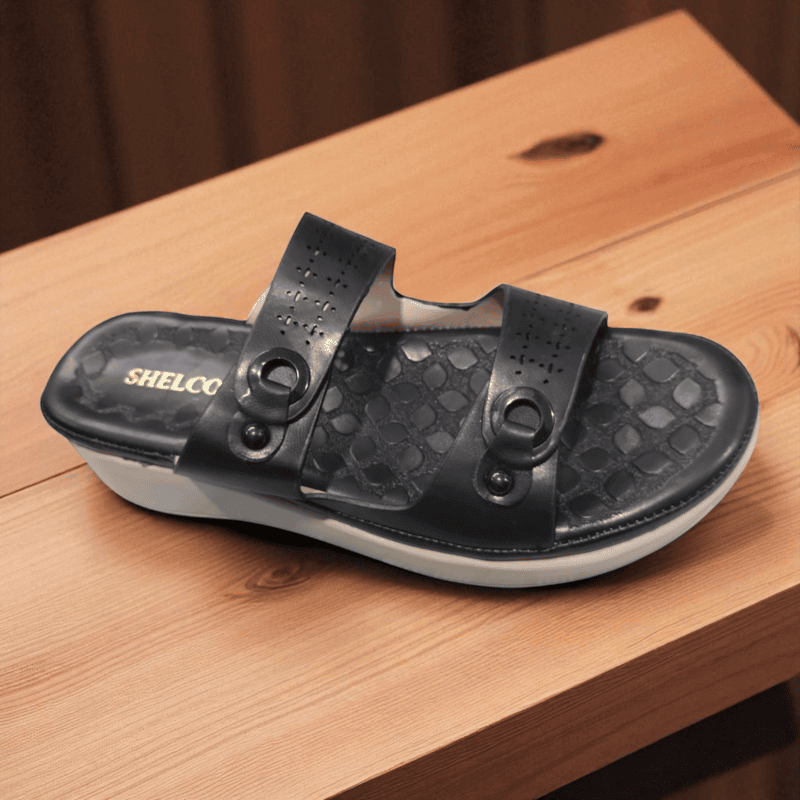 Trendy black double-strap slipper with cushioned sole & modern design, perfect for comfort + style