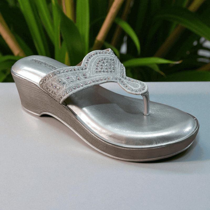 Silver Stone-Studded Wedge Sandals