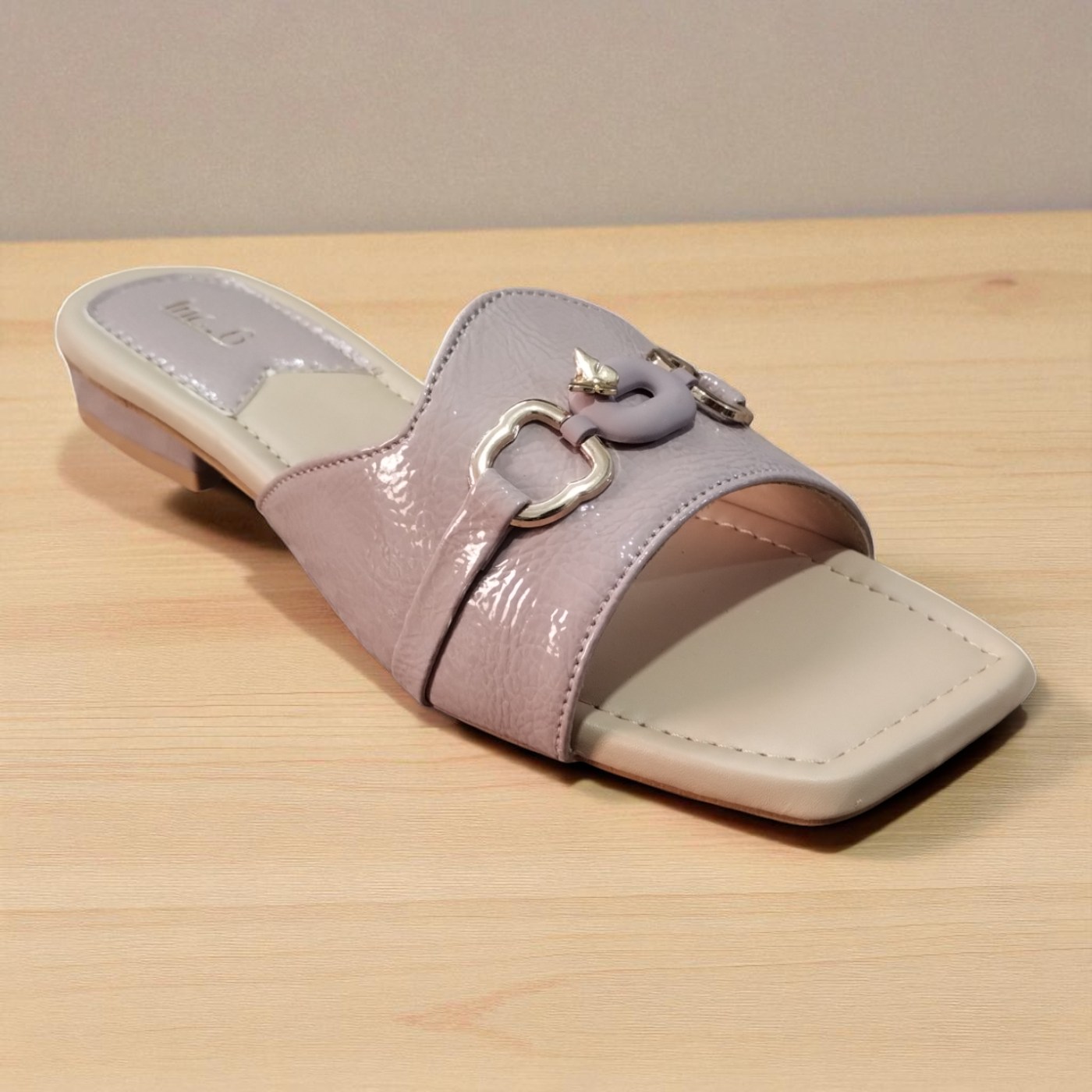Nude Glossy Buckle Flat Sandals