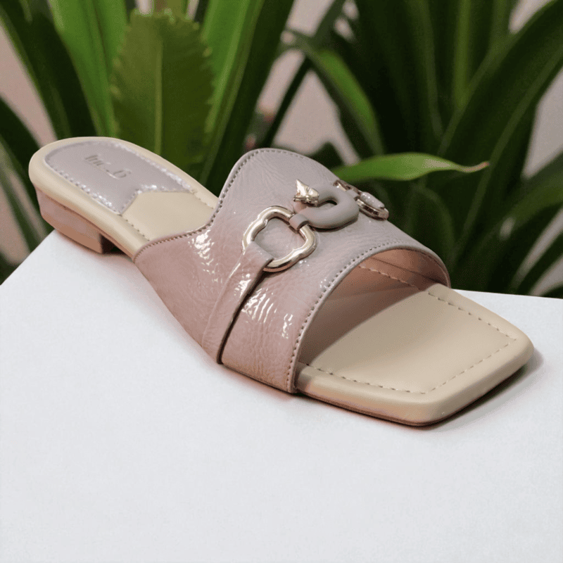Nude Glossy Buckle Flat Sandals