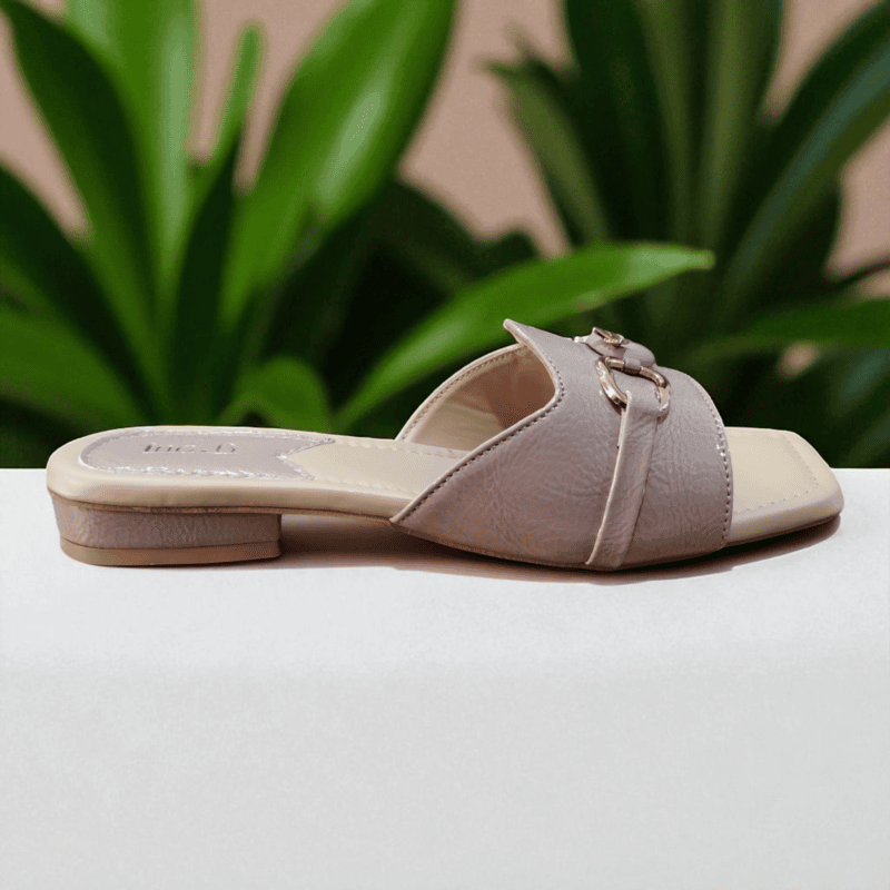 Nude Glossy Buckle Flat Sandals