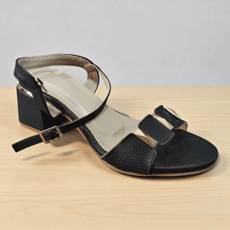 Black Block Heel Sandals with Golden Accents
