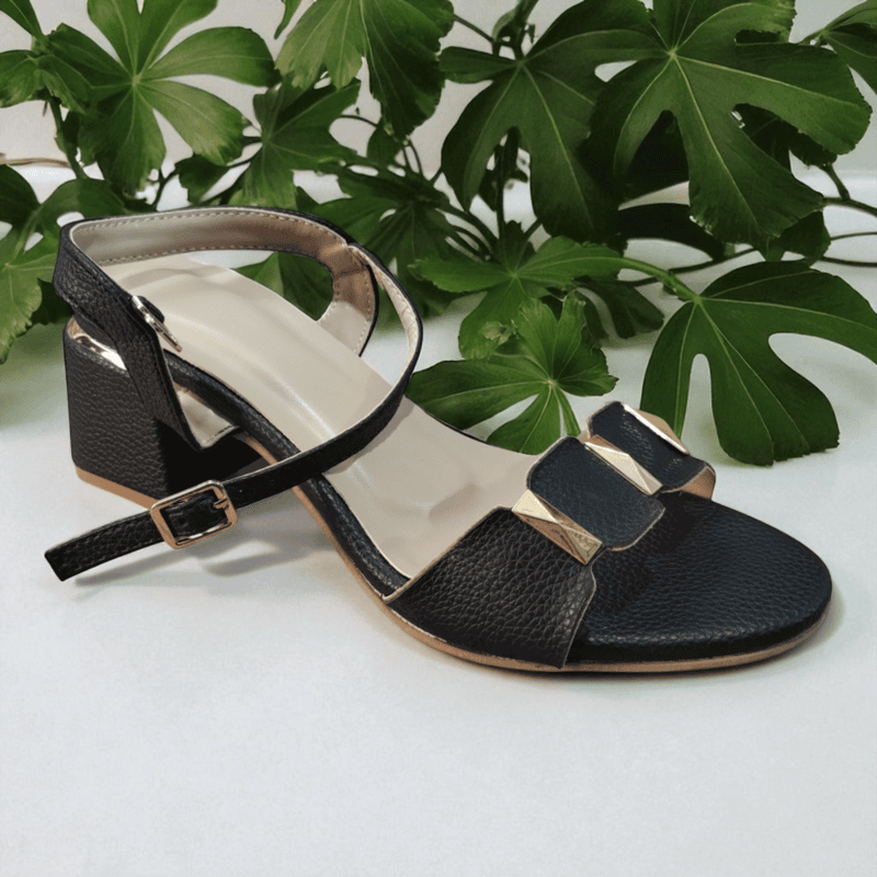 Black Block Heel Sandals with Golden Accents