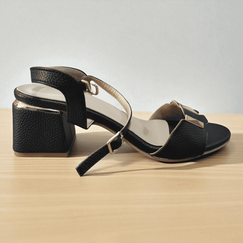 Black Block Heel Sandals with Golden Accents