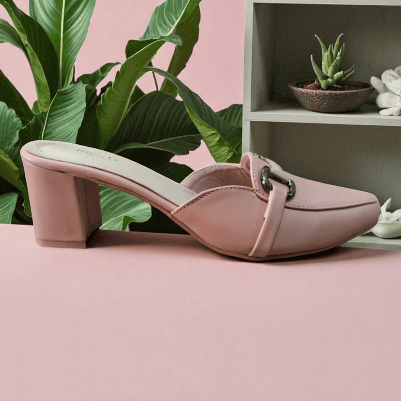 Pink Block Heel Mules with Chain Detailing