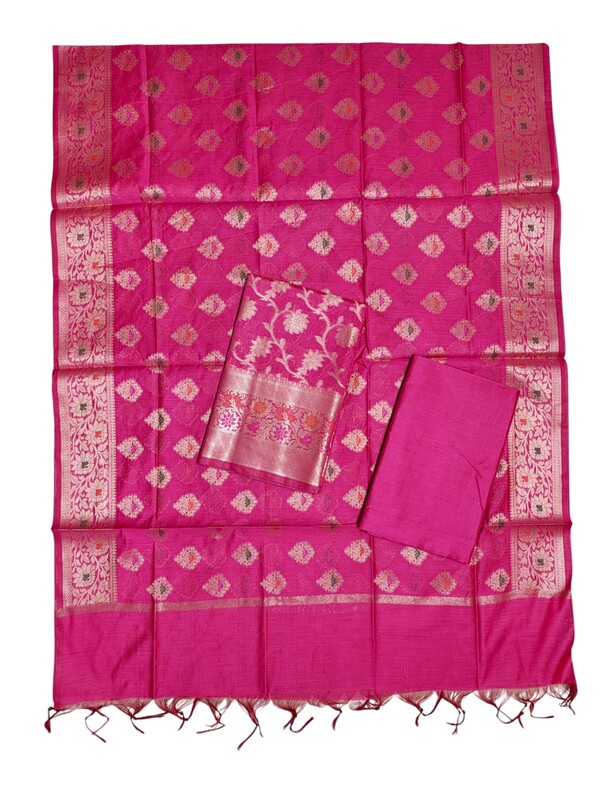 Dark Pink Banarasi Silk Unstitched Suit Set for Women