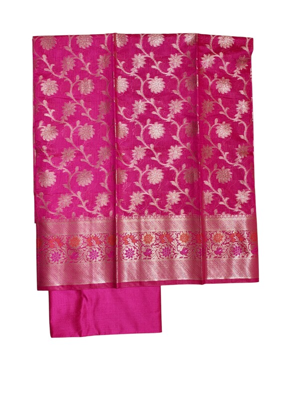 Dark Pink Banarasi Silk Unstitched Suit Set for Women