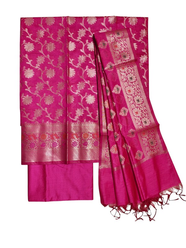 Dark Pink Banarasi Silk Unstitched Suit Set for Women