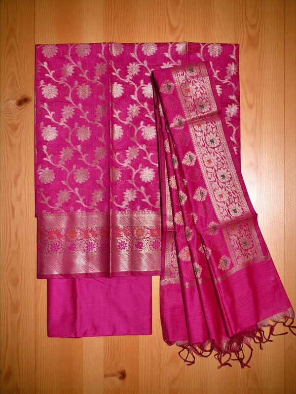 Dark Pink Banarasi Silk Unstitched Suit Set for Women