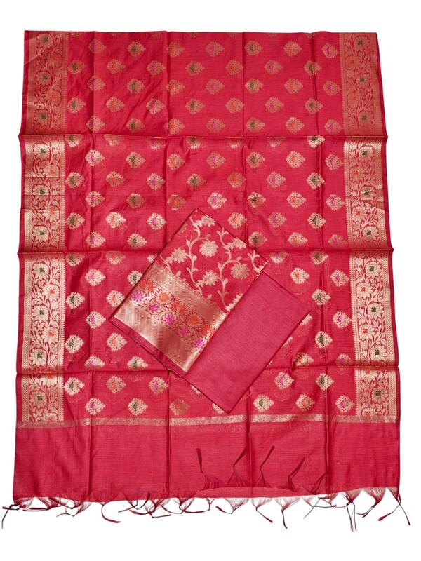 Red Banarasi Cotton Silk Dress Material for Women