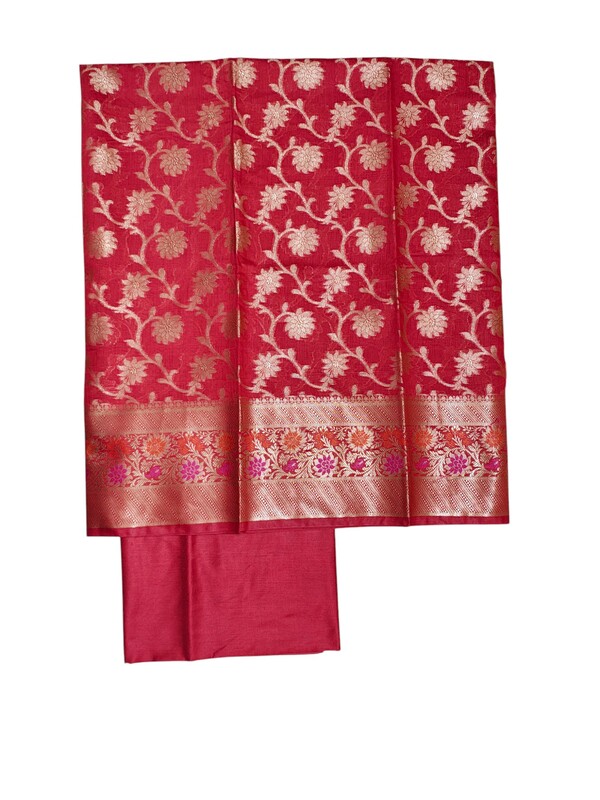 Red Banarasi Cotton Silk Dress Material for Women