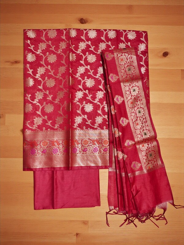 Red Banarasi Cotton Silk Dress Material for Women