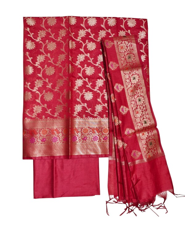 Red Banarasi Cotton Silk Dress Material for Women