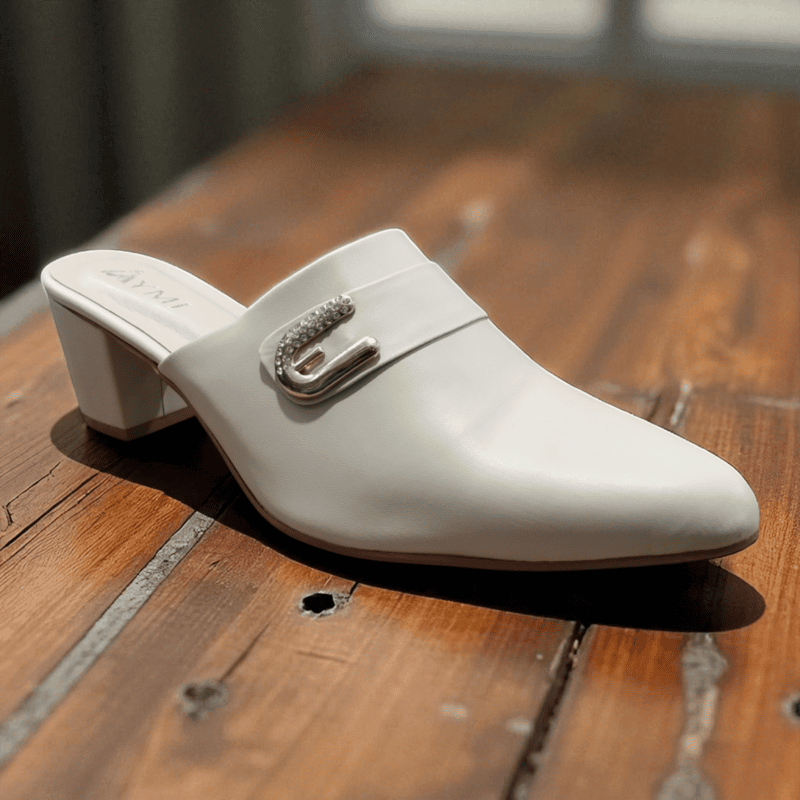 Cream White Buckle Block Heel Mules