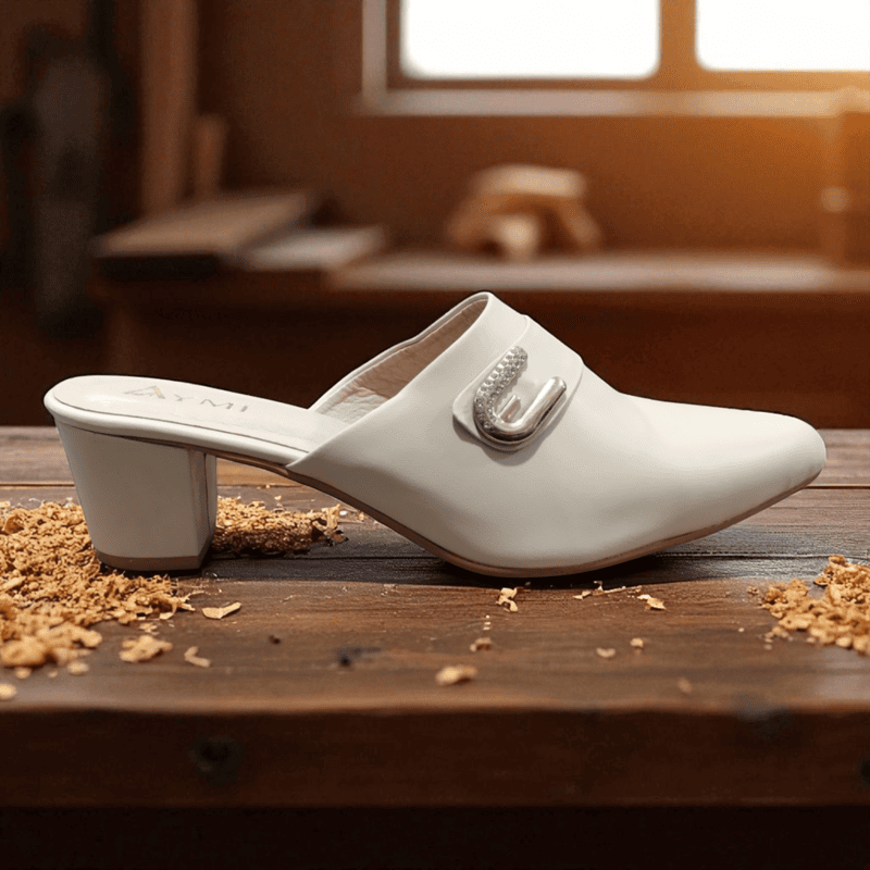 Cream White Buckle Block Heel Mules