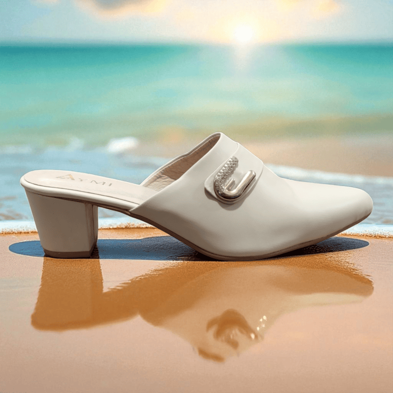 Cream White Buckle Block Heel Mules