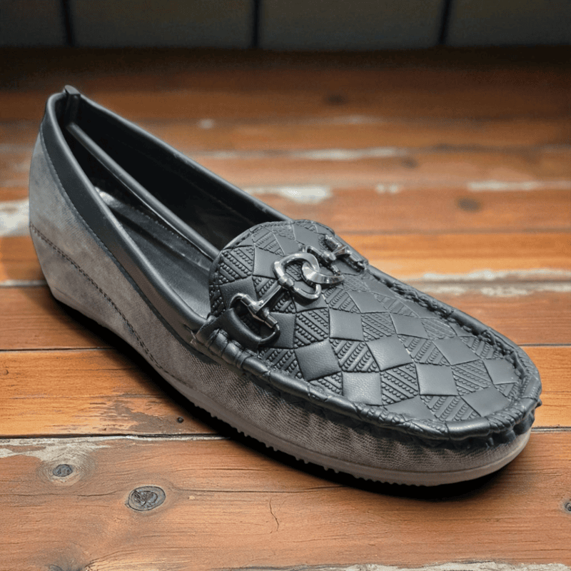 Black Grey Textured Loafers with Stylish Buckle