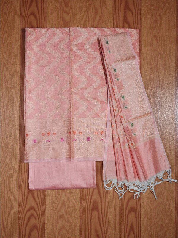 Light Orange Banarasi Cotton Silk Dress Material for Women