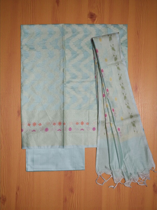 Light Blue Banarasi Cotton Silk Dress Material for Women