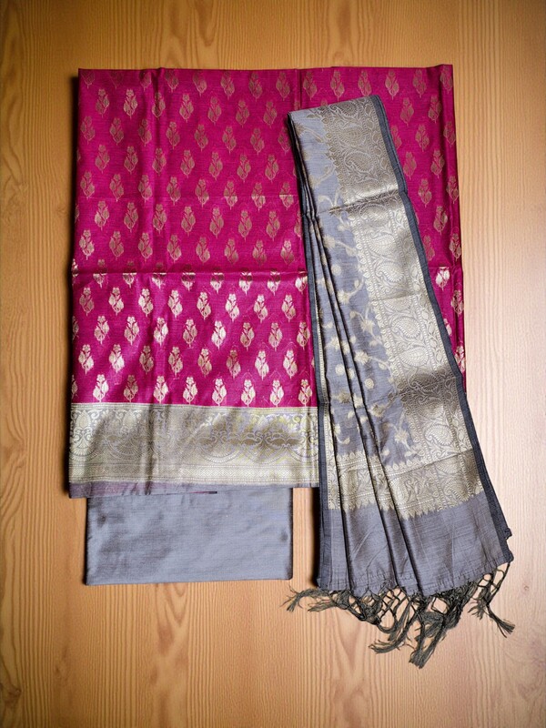 Dark Pink Unstitched Banarasi Cotton Silk Dress Material for Women