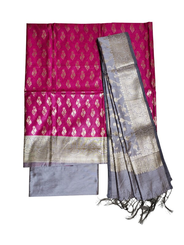 Dark Pink Unstitched Banarasi Cotton Silk Dress Material for Women