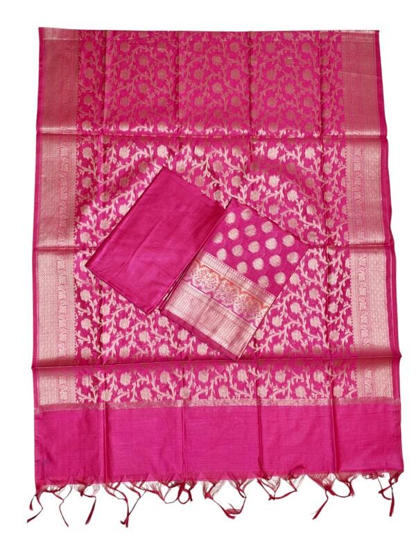 Dark Pink Banarasi Silk Unstitched Suit Set with dupatta for Women
