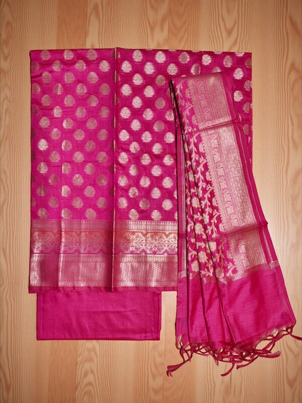 Dark Pink Banarasi Silk Unstitched Suit Set with dupatta for Women