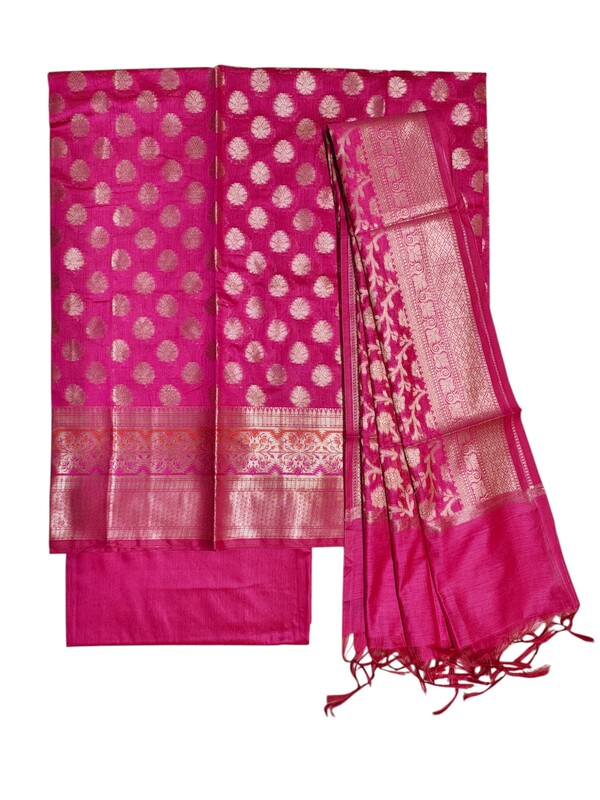 Dark Pink Banarasi Silk Unstitched Suit Set with dupatta for Women