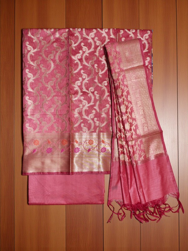 Baby Pink Banarasi Silk Unstitched Suit Set with dupatta for Women