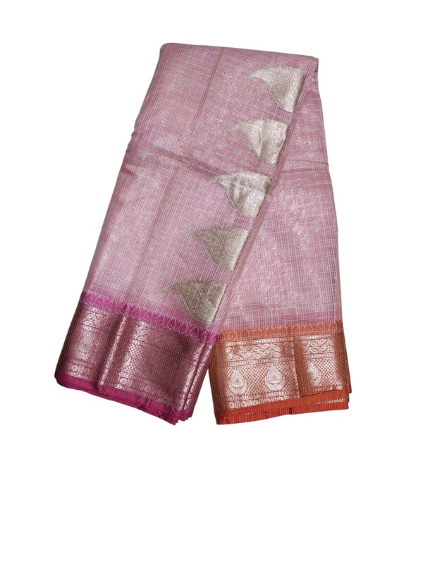 White & Pink Banarasi Silk Saree with Unstitched Blouse