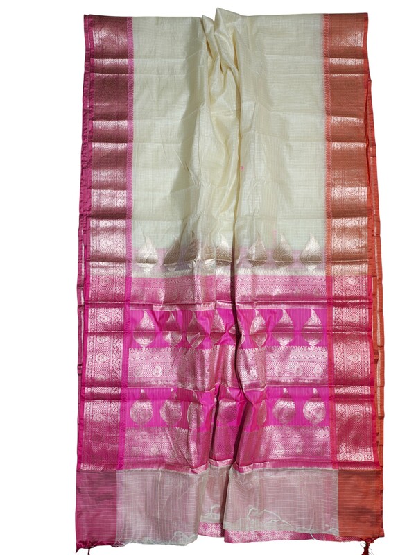 White & Pink Banarasi Silk Saree with Unstitched Blouse