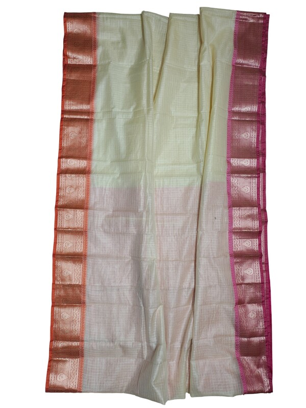 White & Pink Banarasi Silk Saree with Unstitched Blouse